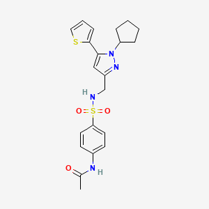molecular formula C21H24N4O3S2 B2910940 N-(4-(N-((1-cyclopentyl-5-(thiophen-2-yl)-1H-pyrazol-3-yl)methyl)sulfamoyl)phenyl)acetamide CAS No. 1421514-45-5