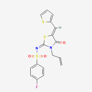 molecular formula C17H13FN2O3S3 B2910998 (E)-N-((Z)-3-allyl-4-oxo-5-(thiophen-2-ylmethylene)thiazolidin-2-ylidene)-4-fluorobenzenesulfonamide CAS No. 867041-90-5