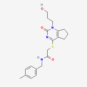 molecular formula C20H25N3O3S B2911002 2-((1-(3-hydroxypropyl)-2-oxo-2,5,6,7-tetrahydro-1H-cyclopenta[d]pyrimidin-4-yl)thio)-N-(4-methylbenzyl)acetamide CAS No. 941888-22-8