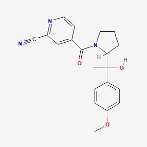 molecular formula C20H21N3O3 B2911043 4-[2-[1-Hydroxy-1-(4-methoxyphenyl)ethyl]pyrrolidine-1-carbonyl]pyridine-2-carbonitrile CAS No. 2109120-08-1
