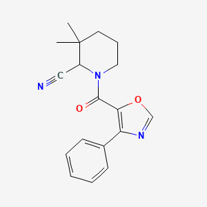 molecular formula C18H19N3O2 B2911059 3,3-Dimethyl-1-(4-phenyl-1,3-oxazole-5-carbonyl)piperidine-2-carbonitrile CAS No. 2109204-71-7
