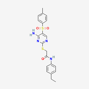 molecular formula C21H22N4O3S2 B2911097 2-({4-amino-5-[(4-methylphenyl)sulfonyl]pyrimidin-2-yl}thio)-N-(4-ethylphenyl)acetamide CAS No. 894953-10-7