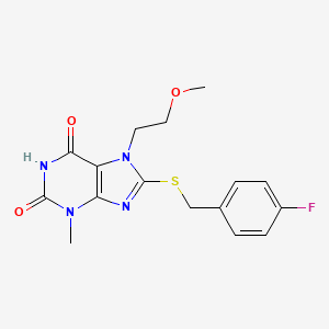 molecular formula C16H17FN4O3S B2911163 8-((4-fluorobenzyl)thio)-7-(2-methoxyethyl)-3-methyl-1H-purine-2,6(3H,7H)-dione CAS No. 442864-58-6