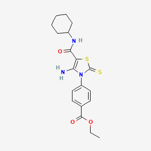 molecular formula C19H23N3O3S2 B2911188 ethyl 4-(4-amino-5-(cyclohexylcarbamoyl)-2-thioxothiazol-3(2H)-yl)benzoate CAS No. 946294-55-9
