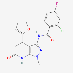 molecular formula C18H14ClFN4O3 B2911202 2-chloro-4-fluoro-N-(4-(furan-2-yl)-1-methyl-6-oxo-4,5,6,7-tetrahydro-1H-pyrazolo[3,4-b]pyridin-3-yl)benzamide CAS No. 1208772-37-5