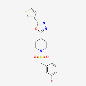 molecular formula C18H18FN3O3S2 B2911267 2-(1-((3-Fluorobenzyl)sulfonyl)piperidin-4-yl)-5-(thiophen-3-yl)-1,3,4-oxadiazole CAS No. 1448053-58-4