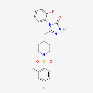 molecular formula C21H22F2N4O3S B2911276 3-((1-((4-fluoro-2-methylphenyl)sulfonyl)piperidin-4-yl)methyl)-4-(2-fluorophenyl)-1H-1,2,4-triazol-5(4H)-one CAS No. 2034435-27-1