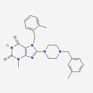 molecular formula C26H30N6O2 B2911284 3-甲基-7-[(2-甲基苯基)甲基]-8-{4-[(3-甲基苯基)甲基]哌嗪基}-1,3,7-三氢嘌呤-2,6-二酮 CAS No. 898408-83-8