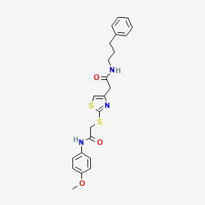molecular formula C23H25N3O3S2 B2911473 N-(4-methoxyphenyl)-2-((4-(2-oxo-2-((3-phenylpropyl)amino)ethyl)thiazol-2-yl)thio)acetamide CAS No. 941938-11-0