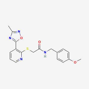molecular formula C18H18N4O3S B2911504 N-(4-methoxybenzyl)-2-((3-(3-methyl-1,2,4-oxadiazol-5-yl)pyridin-2-yl)thio)acetamide CAS No. 1251551-62-8