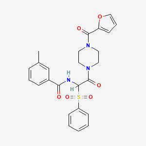molecular formula C25H25N3O6S B2911525 N-[1-(benzenesulfonyl)-2-[4-(furan-2-carbonyl)piperazin-1-yl]-2-oxoethyl]-3-methylbenzamide CAS No. 1042974-60-6