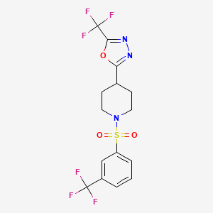 molecular formula C15H13F6N3O3S B2911529 2-(Trifluoromethyl)-5-(1-((3-(trifluoromethyl)phenyl)sulfonyl)piperidin-4-yl)-1,3,4-oxadiazole CAS No. 1396759-10-6