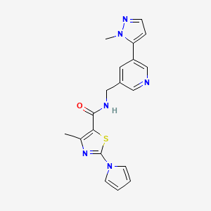 molecular formula C19H18N6OS B2911572 4-methyl-N-((5-(1-methyl-1H-pyrazol-5-yl)pyridin-3-yl)methyl)-2-(1H-pyrrol-1-yl)thiazole-5-carboxamide CAS No. 2180010-60-8