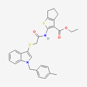 molecular formula C28H28N2O3S2 B2911722 ethyl 2-[[2-[1-[(4-methylphenyl)methyl]indol-3-yl]sulfanylacetyl]amino]-5,6-dihydro-4H-cyclopenta[b]thiophene-3-carboxylate CAS No. 681277-03-2