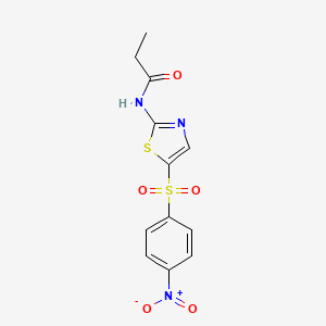 molecular formula C12H11N3O5S2 B2911763 N-(5-((4-nitrophenyl)sulfonyl)thiazol-2-yl)propionamide CAS No. 361471-22-9