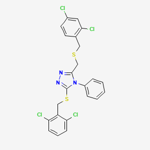 molecular formula C23H17Cl4N3S2 B2911858 3-[(2,6-dichlorobenzyl)sulfanyl]-5-{[(2,4-dichlorobenzyl)sulfanyl]methyl}-4-phenyl-4H-1,2,4-triazole CAS No. 344274-27-7