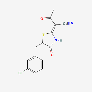 molecular formula C15H13ClN2O2S B2911957 (Z)-2-(5-(3-chloro-4-methylbenzyl)-4-oxothiazolidin-2-ylidene)-3-oxobutanenitrile CAS No. 799800-76-3
