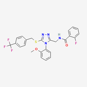 molecular formula C25H20F4N4O2S B2912062 2-fluoro-N-[[4-(2-methoxyphenyl)-5-[[4-(trifluoromethyl)phenyl]methylsulfanyl]-1,2,4-triazol-3-yl]methyl]benzamide CAS No. 389070-61-5