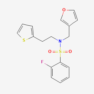 molecular formula C17H16FNO3S2 B2912106 2-fluoro-N-(furan-3-ylmethyl)-N-(2-(thiophen-2-yl)ethyl)benzenesulfonamide CAS No. 1428371-41-8