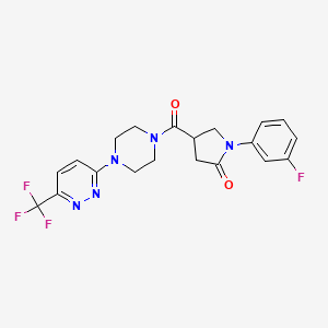 molecular formula C20H19F4N5O2 B2912117 1-(3-Fluorophenyl)-4-[4-[6-(trifluoromethyl)pyridazin-3-yl]piperazine-1-carbonyl]pyrrolidin-2-one CAS No. 2380083-98-5