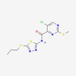 molecular formula C11H12ClN5OS3 B2912168 5-chloro-2-(methylthio)-N-[5-(propylthio)-1,3,4-thiadiazol-2-yl]-4-pyrimidinecarboxamide CAS No. 833434-85-8