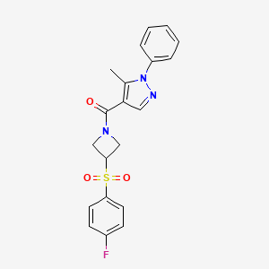 molecular formula C20H18FN3O3S B2912180 (3-((4-fluorophenyl)sulfonyl)azetidin-1-yl)(5-methyl-1-phenyl-1H-pyrazol-4-yl)methanone CAS No. 1448064-76-3