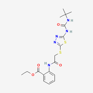 molecular formula C18H23N5O4S2 B2912244 Ethyl 2-(2-((5-(3-(tert-butyl)ureido)-1,3,4-thiadiazol-2-yl)thio)acetamido)benzoate CAS No. 886940-42-7