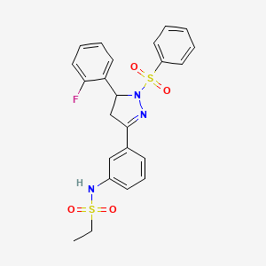 molecular formula C23H22FN3O4S2 B2912248 N-(3-(5-(2-fluorophenyl)-1-(phenylsulfonyl)-4,5-dihydro-1H-pyrazol-3-yl)phenyl)ethanesulfonamide CAS No. 851783-02-3