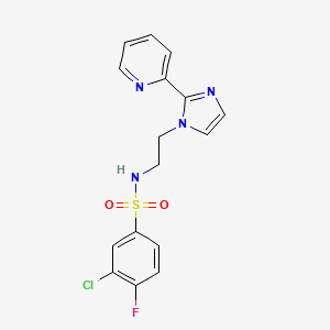 molecular formula C16H14ClFN4O2S B2912252 3-chloro-4-fluoro-N-(2-(2-(pyridin-2-yl)-1H-imidazol-1-yl)ethyl)benzenesulfonamide CAS No. 2034506-62-0