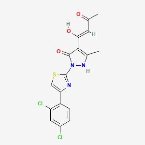 molecular formula C17H13Cl2N3O3S B2912296 1-{1-[4-(2,4-dichlorophenyl)-1,3-thiazol-2-yl]-5-hydroxy-3-methyl-1H-pyrazol-4-yl}-3-hydroxy-2-buten-1-one CAS No. 245039-17-2
