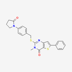 molecular formula C24H21N3O2S2 B2912419 1-{4-[({3-methyl-4-oxo-6-phenyl-3H,4H-thieno[3,2-d]pyrimidin-2-yl}sulfanyl)methyl]phenyl}pyrrolidin-2-one CAS No. 1105240-32-1