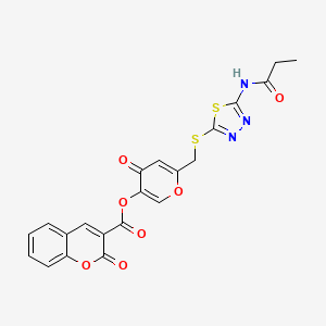 molecular formula C21H15N3O7S2 B2912420 4-oxo-6-(((5-propionamido-1,3,4-thiadiazol-2-yl)thio)methyl)-4H-pyran-3-yl 2-oxo-2H-chromene-3-carboxylate CAS No. 896007-85-5