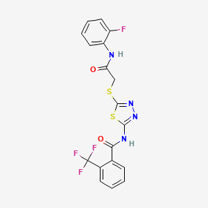 molecular formula C18H12F4N4O2S2 B2912485 N-(5-((2-((2-fluorophenyl)amino)-2-oxoethyl)thio)-1,3,4-thiadiazol-2-yl)-2-(trifluoromethyl)benzamide CAS No. 391869-31-1