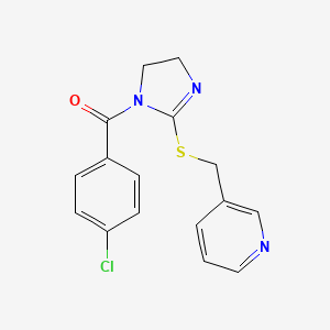 molecular formula C16H14ClN3OS B2912513 (4-chlorophenyl)(2-((pyridin-3-ylmethyl)thio)-4,5-dihydro-1H-imidazol-1-yl)methanone CAS No. 851807-61-9