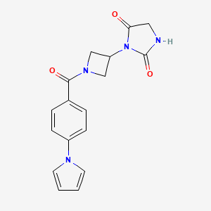 molecular formula C17H16N4O3 B2912580 3-(1-(4-(1H-pyrrol-1-yl)benzoyl)azetidin-3-yl)imidazolidine-2,4-dione CAS No. 2097897-86-2