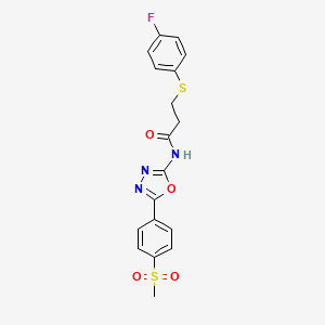 molecular formula C18H16FN3O4S2 B2912610 3-((4-fluorophenyl)thio)-N-(5-(4-(methylsulfonyl)phenyl)-1,3,4-oxadiazol-2-yl)propanamide CAS No. 886914-68-7