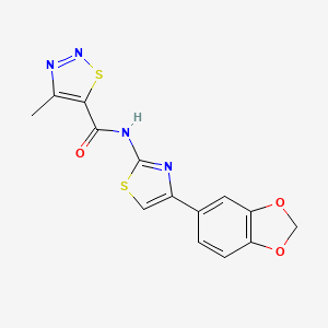 molecular formula C14H10N4O3S2 B2912629 N-(4-(benzo[d][1,3]dioxol-5-yl)thiazol-2-yl)-4-methyl-1,2,3-thiadiazole-5-carboxamide CAS No. 1207035-08-2