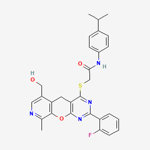 molecular formula C29H27FN4O3S B2912697 2-((2-(2-fluorophenyl)-6-(hydroxymethyl)-9-methyl-5H-pyrido[4',3':5,6]pyrano[2,3-d]pyrimidin-4-yl)thio)-N-(4-isopropylphenyl)acetamide CAS No. 892386-68-4