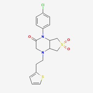 molecular formula C18H19ClN2O3S2 B2912727 1-(4-chlorophenyl)-4-(2-(thiophen-2-yl)ethyl)hexahydrothieno[3,4-b]pyrazin-2(1H)-one 6,6-dioxide CAS No. 1040715-40-9