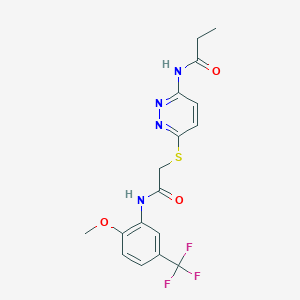 molecular formula C17H17F3N4O3S B2912728 N-(6-((2-((2-methoxy-5-(trifluoromethyl)phenyl)amino)-2-oxoethyl)thio)pyridazin-3-yl)propionamide CAS No. 1021135-86-3