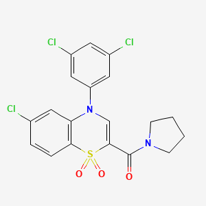 molecular formula C19H15Cl3N2O3S B2912786 6-chloro-4-(3,5-dichlorophenyl)-2-(pyrrolidin-1-ylcarbonyl)-4H-1,4-benzothiazine 1,1-dioxide CAS No. 1251549-17-3