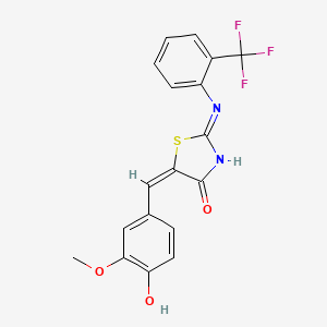 molecular formula C18H13F3N2O3S B2912804 (2E,5E)-5-(4-hydroxy-3-methoxybenzylidene)-2-((2-(trifluoromethyl)phenyl)imino)thiazolidin-4-one CAS No. 488093-09-0