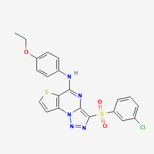 molecular formula C21H16ClN5O3S2 B2912813 3-((3-chlorophenyl)sulfonyl)-N-(4-ethoxyphenyl)thieno[2,3-e][1,2,3]triazolo[1,5-a]pyrimidin-5-amine CAS No. 892729-80-5