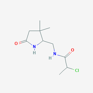 molecular formula C10H17ClN2O2 B2912842 2-Chloro-N-[(3,3-dimethyl-5-oxopyrrolidin-2-yl)methyl]propanamide CAS No. 2411263-47-1