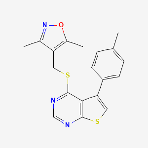 molecular formula C19H17N3OS2 B2912845 3,5-Dimethyl-4-(((5-(p-tolyl)thieno[2,3-d]pyrimidin-4-yl)thio)methyl)isoxazole CAS No. 670269-80-4