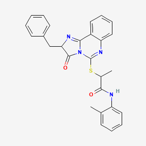 molecular formula C27H24N4O2S B2912855 2-((2-benzyl-3-oxo-2,3-dihydroimidazo[1,2-c]quinazolin-5-yl)thio)-N-(o-tolyl)propanamide CAS No. 1185155-23-0