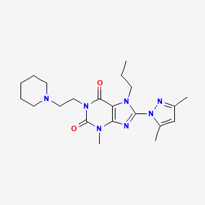 molecular formula C21H31N7O2 B2912856 8-(3,5-dimethyl-1H-pyrazol-1-yl)-3-methyl-1-[2-(piperidin-1-yl)ethyl]-7-propyl-2,3,6,7-tetrahydro-1H-purine-2,6-dione CAS No. 1013972-04-7
