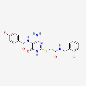 molecular formula C20H17ClFN5O3S B2912942 N-(4-氨基-2-((2-((2-氯苄基)氨基)-2-氧代乙基)硫代)-6-氧代-1,6-二氢嘧啶-5-基)-4-氟苯甲酰胺 CAS No. 872597-17-6
