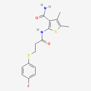 molecular formula C16H17FN2O2S2 B2912991 2-[3-(4-Fluorophenyl)sulfanylpropanoylamino]-4,5-dimethylthiophene-3-carboxamide CAS No. 896291-24-0