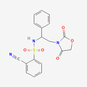 molecular formula C18H15N3O5S B2913102 2-cyano-N-(2-(2,4-dioxooxazolidin-3-yl)-1-phenylethyl)benzenesulfonamide CAS No. 2034266-60-7